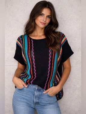 Vintage Kenneth Too! Sweater Medium Black Bright Knit Boho Retro 80s Pattern Top